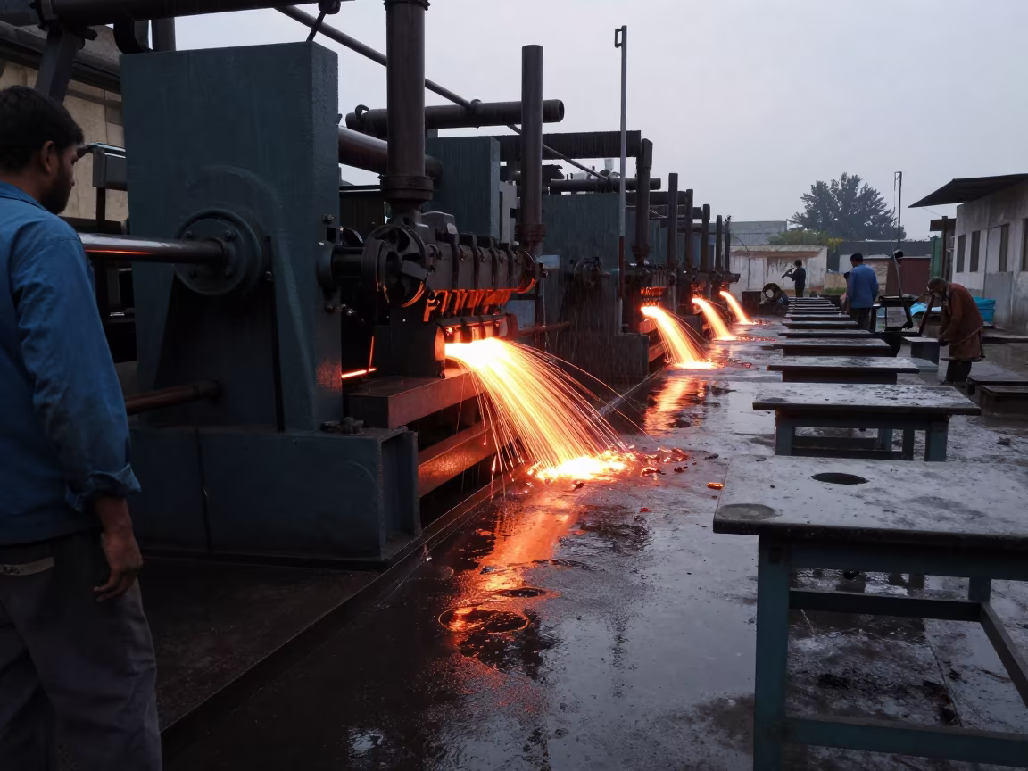 Copper Drawing Mill at Twilight Near Multan in along a food-processing floor with sorting tables near Multan