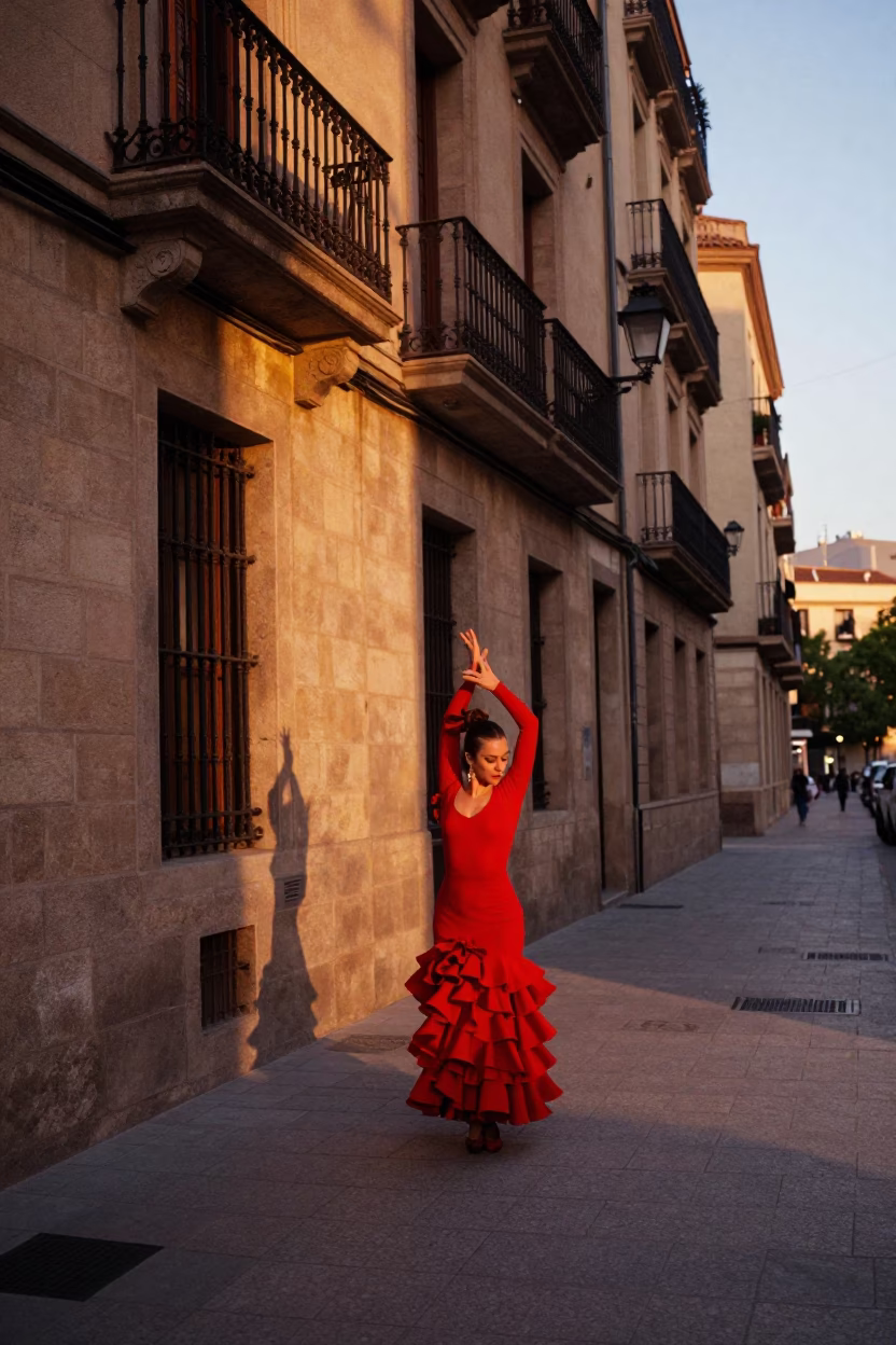 Copper Dusk in Barcelona Street Scene with Flamenco Dancer and Urban Architecture in in Barcelona, Spain