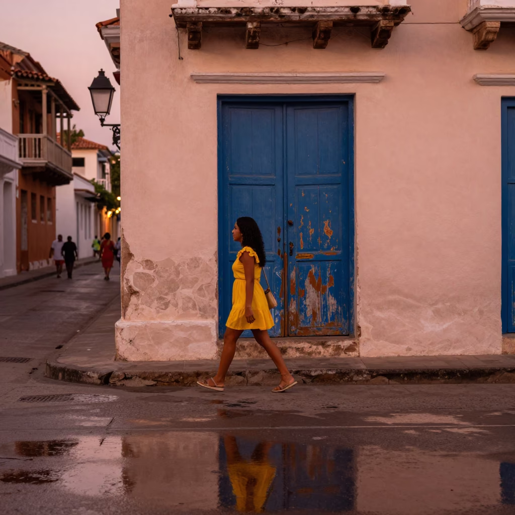 Copper Dusk in Cartagena Colombia Street Scene with Reflections and Daily Life in in Cartagena, Colombia