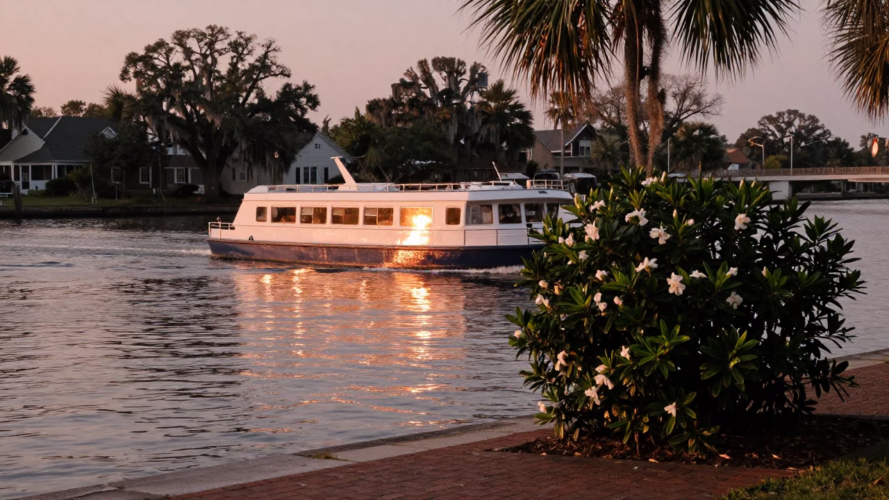 Copper Dusk in Charleston South Carolina Water Taxi Canal Gardenia Bush in in Charleston, South Carolina, United States