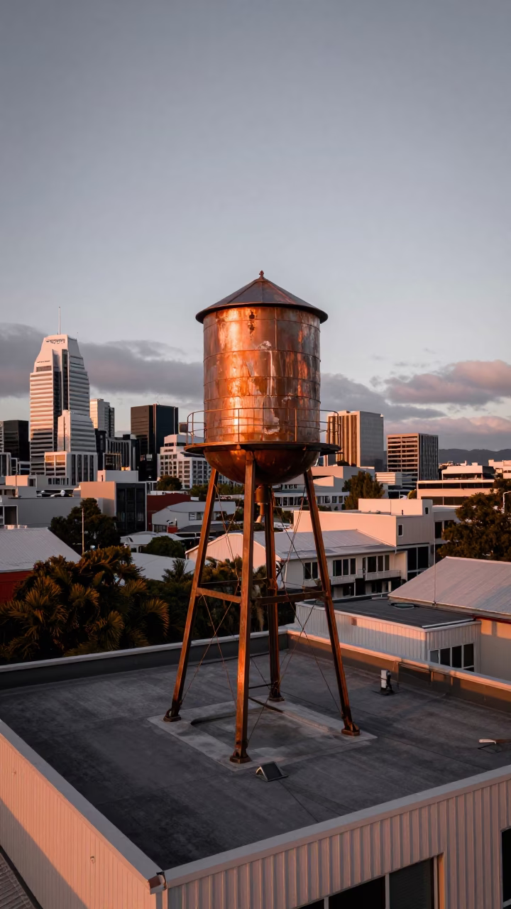 Copper Dusk in Christchurch Rooftop Water Tower and City Skyline View in in Christchurch, New Zealand