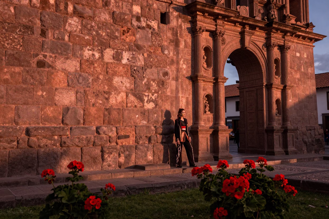 Copper Dusk in Cusco Peru Stone Plaza with Geraniums and Street Life in in Cusco, Peru