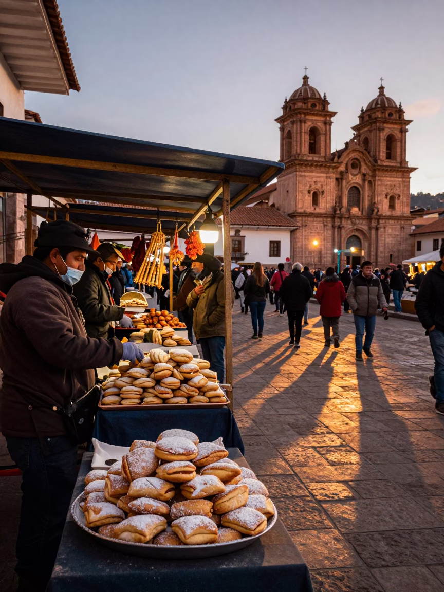 Copper Dusk in Cusco Peru Traditional Market Stalls with Alfajores and Violin in in Cusco, Peru