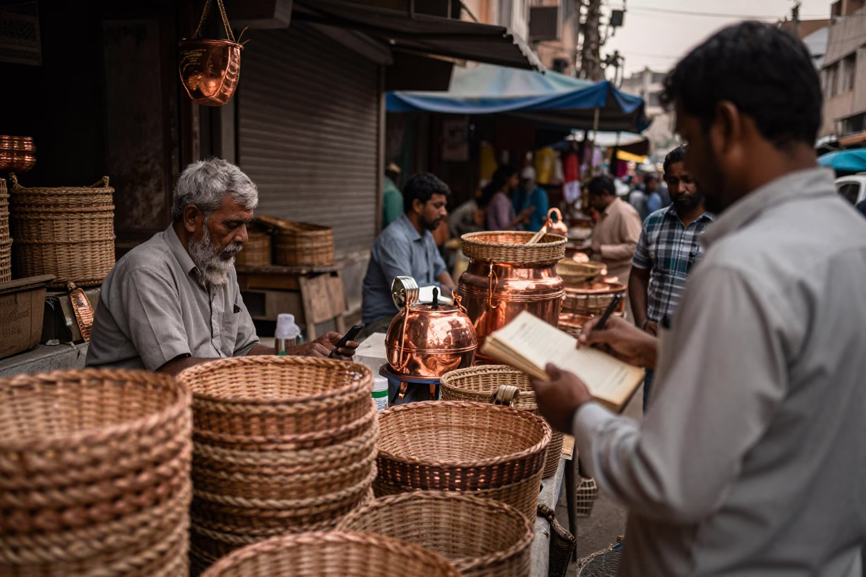 Copper Dusk in Delhi Street Market with Woven Cane Baskets and Ledger Book in in Delhi, India