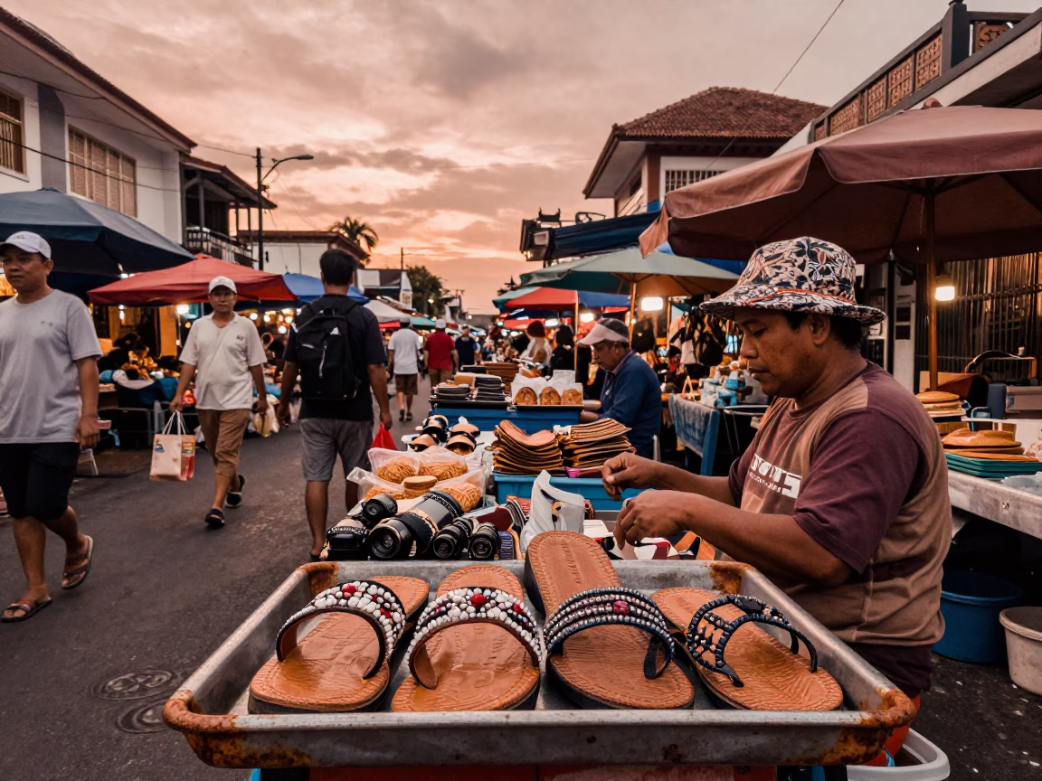Copper Dusk in Denpasar Street Market with Beaded Sandals and Rusty Wares in in Denpasar, Indonesia