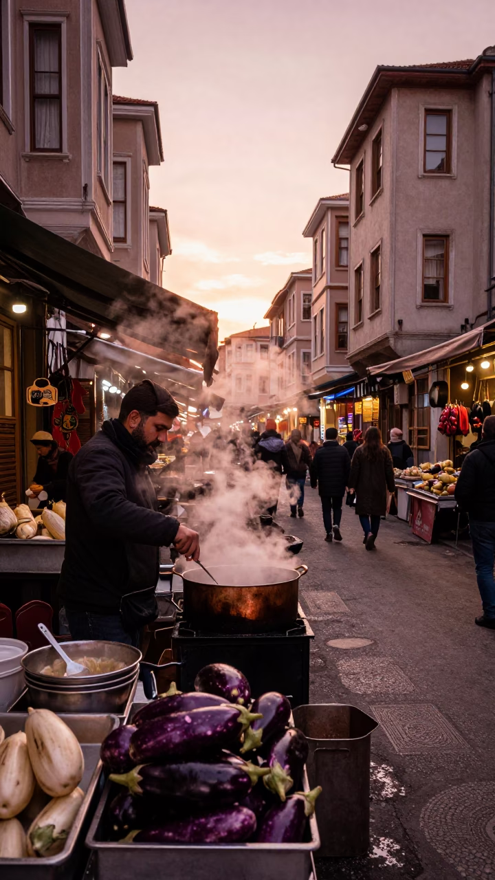 Copper Dusk in Istanbul Street Market with Eggplants and Steam in in Istanbul, Turkey
