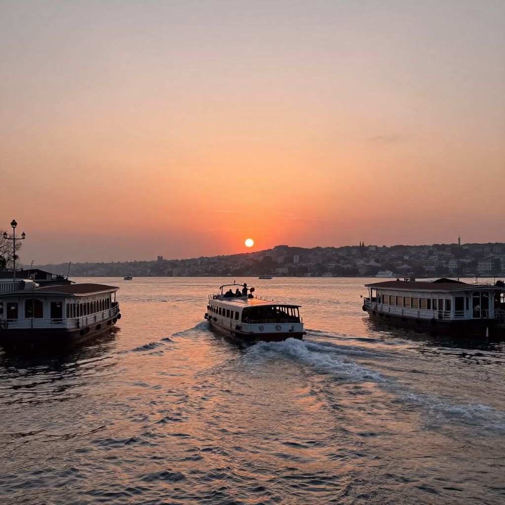 Copper Dusk in Izmir Turkey Water Taxi Zigzagging Between Canal Houseboats in in Izmir, Turkey