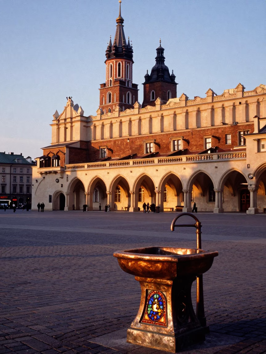 Copper Dusk in Krakow Market Square with Stained Art Sink and Flour Dust in in Krakow, Poland