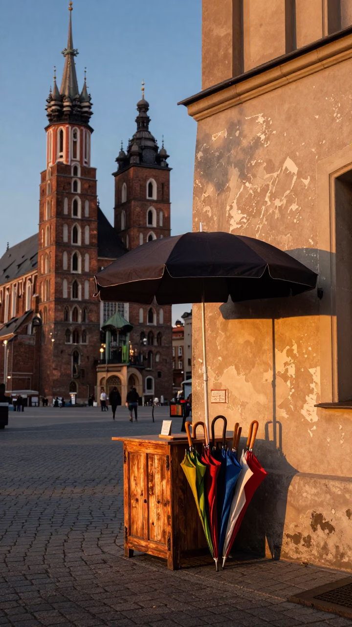 Copper Dusk in Krakow with Umbrella Stall and Scuffed Wood Details in in Krakow, Poland