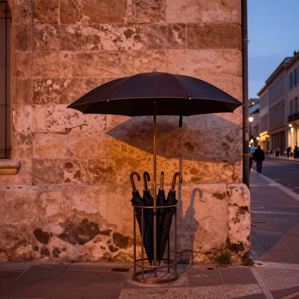 Copper Dusk in Marseille Street Corner with Umbrella Stand and Wooden Stool in in Marseille, France