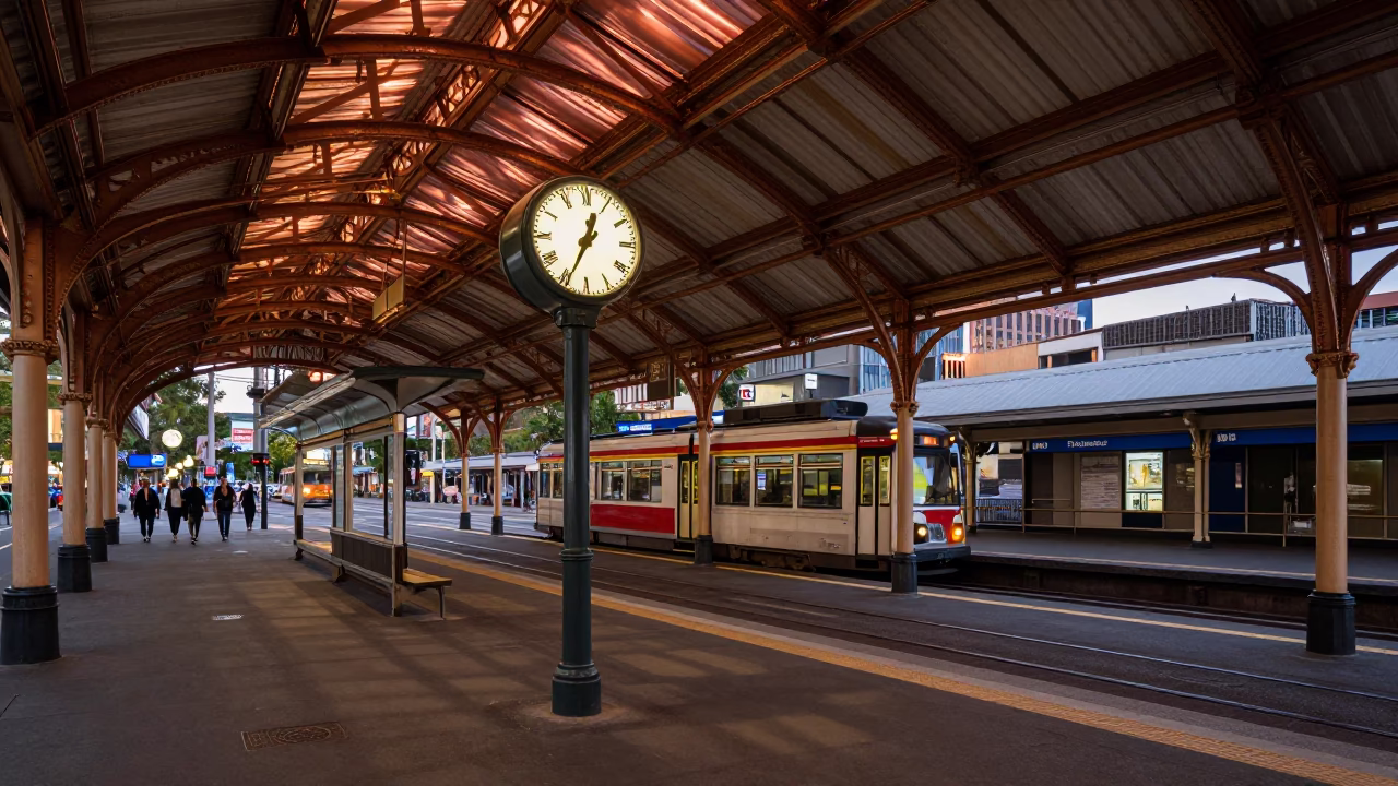 Copper Dusk in Melbourne Victoria Australia Tram Station Clock Under Iron Roof in in Melbourne, Victoria, Australia