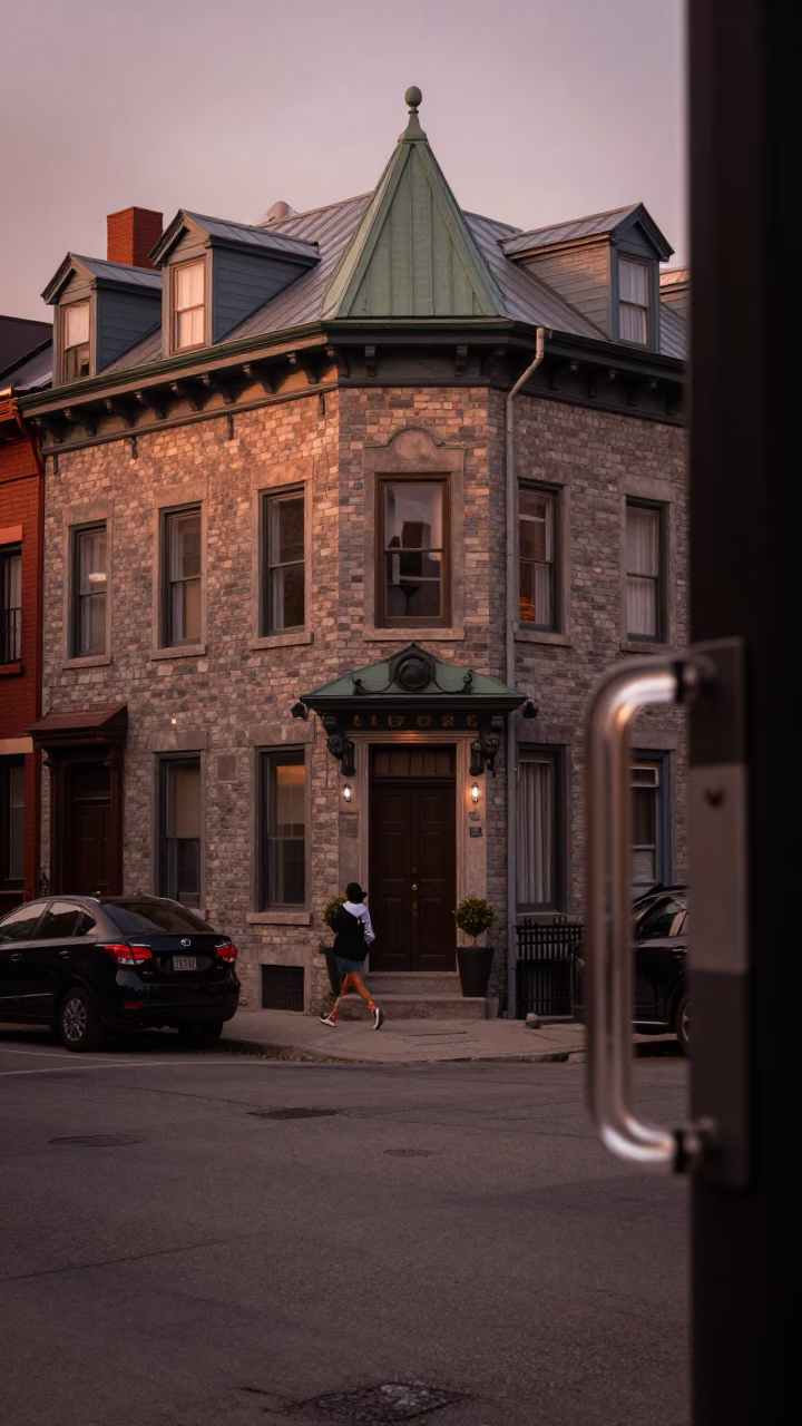 Copper Dusk in Montreal Quebec Street Scene with Clear Glass Handle and Rake Head in in Montreal, Quebec, Canada