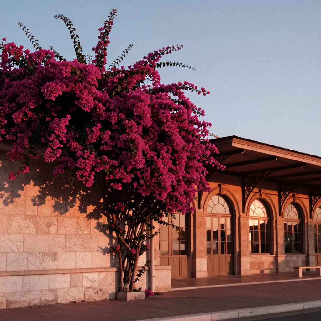 Copper Dusk in Nice France Bougainvillea and Train Station Architecture in in Nice, France