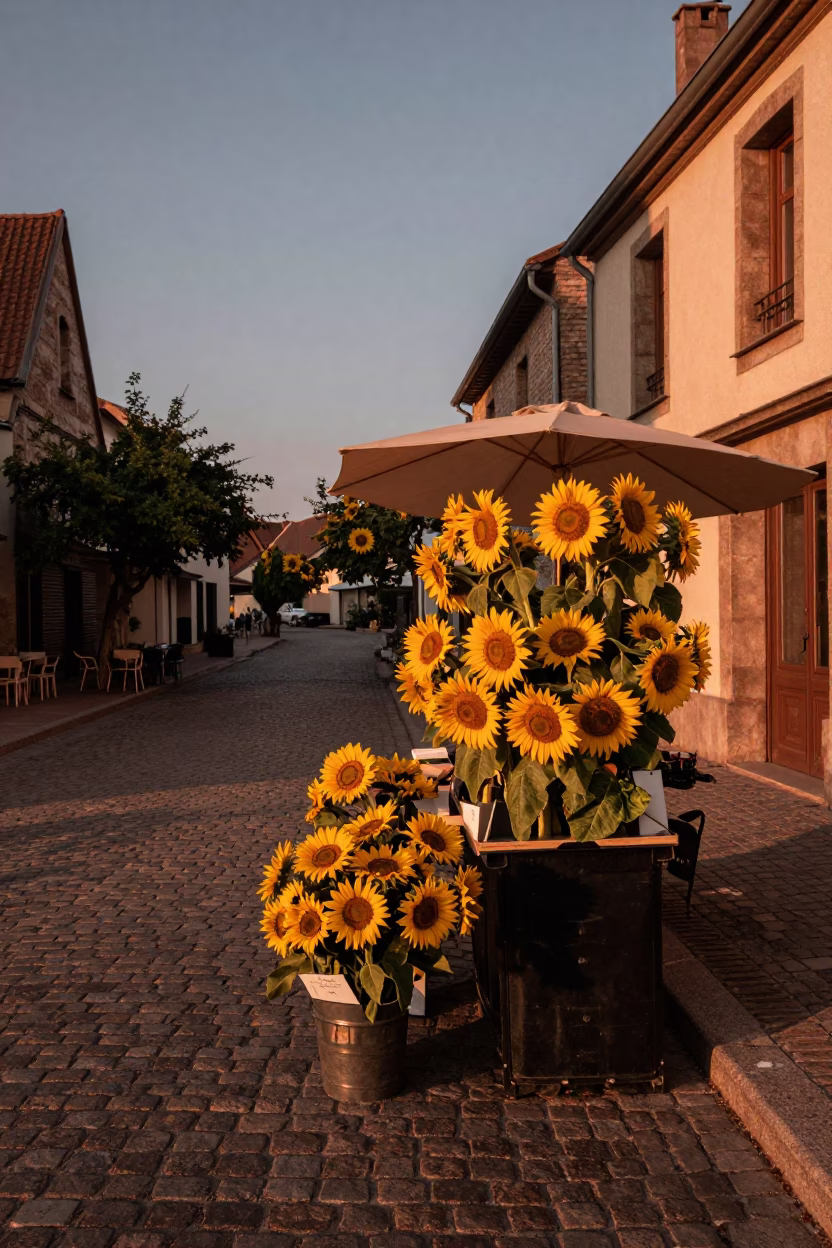 Copper Dusk in Nice France Street Scene with Sunflowers and Local Life in in Nice, France