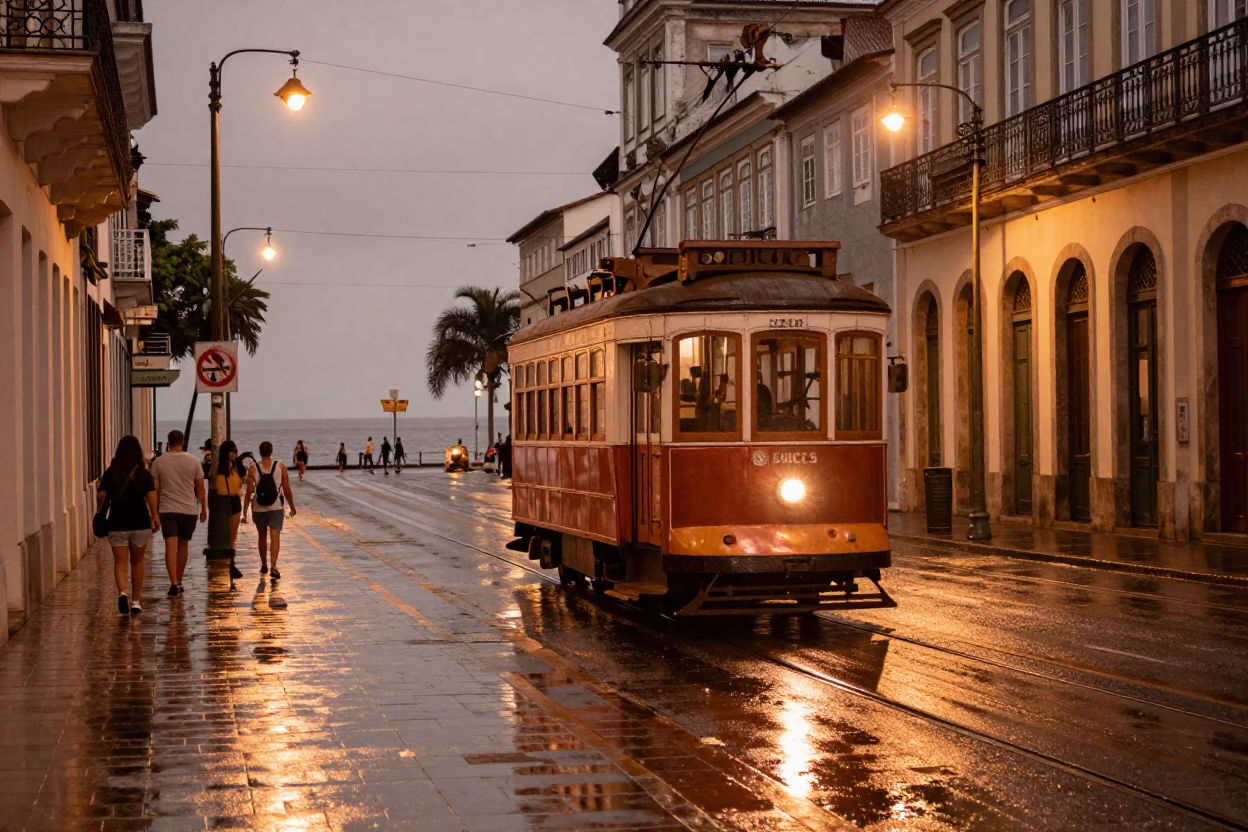 Copper Dusk in Salvador Brazil Street Scene with Heritage Tram and Local Market Goods in in Salvador, Brazil