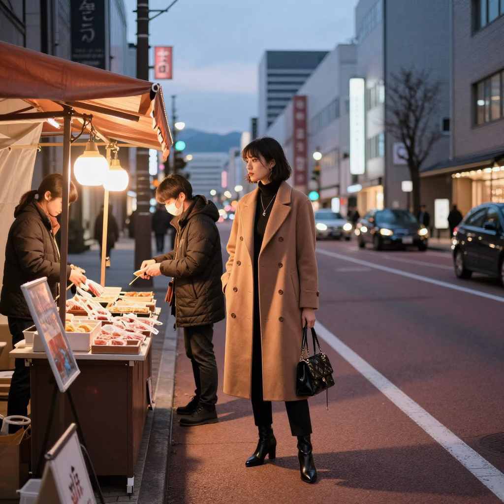Copper Dusk in Sapporo Street Scene with Fashion Model and Local Vendor Interaction in in Sapporo, Japan