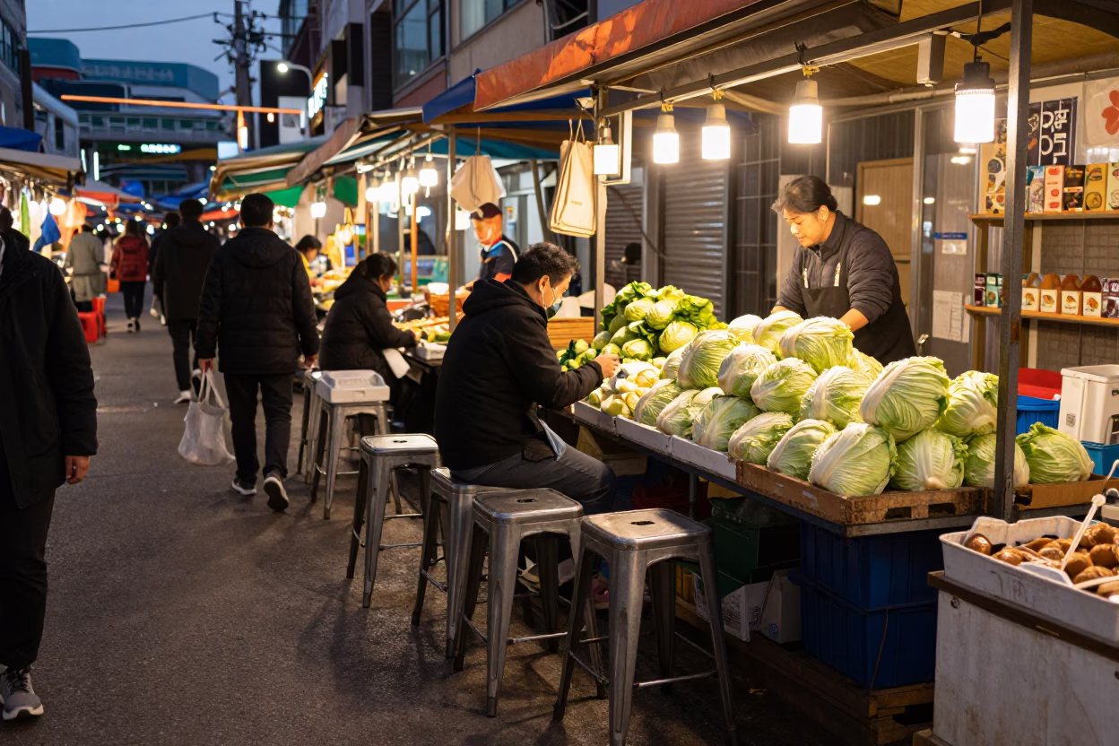 Copper Dusk in Seoul Street Market with Metal Stools and Fresh Cabbages in in Seoul, South Korea