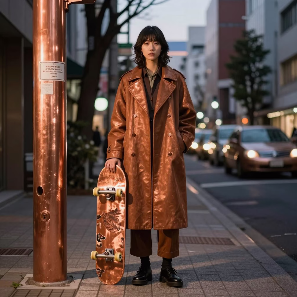 Copper Dusk in Tokyo Street Fashion with Skateboard and Brass Detail in in Tokyo, Japan