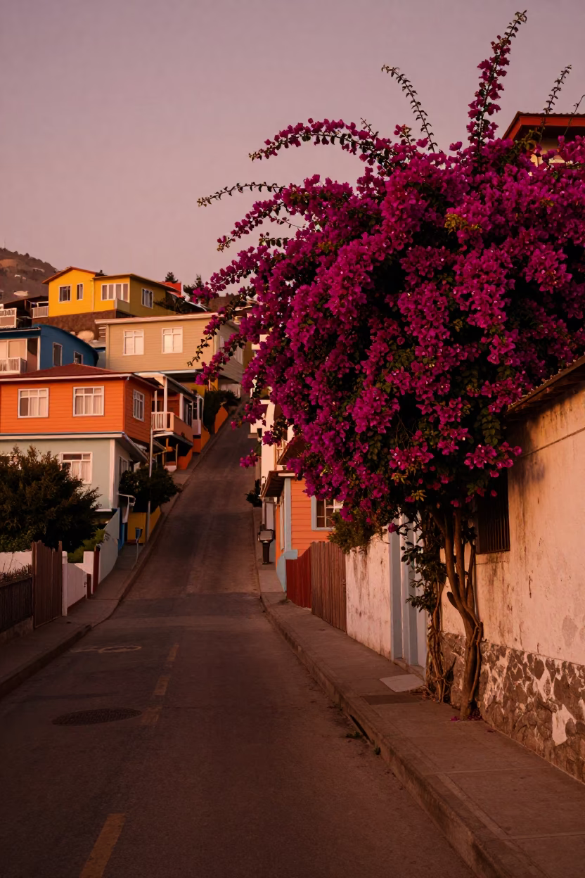 Copper Dusk in Valparaiso Chile Street Scene with Bougainvillea and Local Life in in Valparaiso, Chile