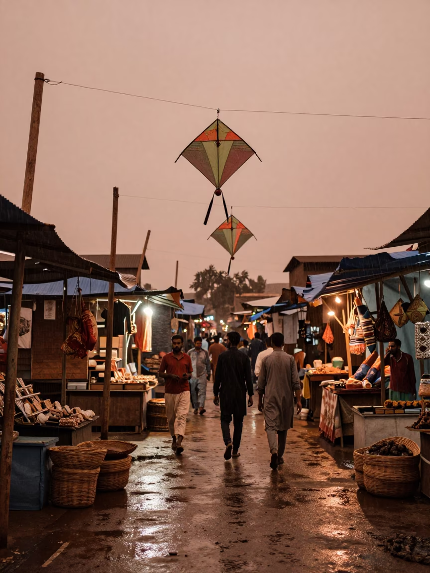 Copper dusk kites over Bamako night market in at a night market in Bamako