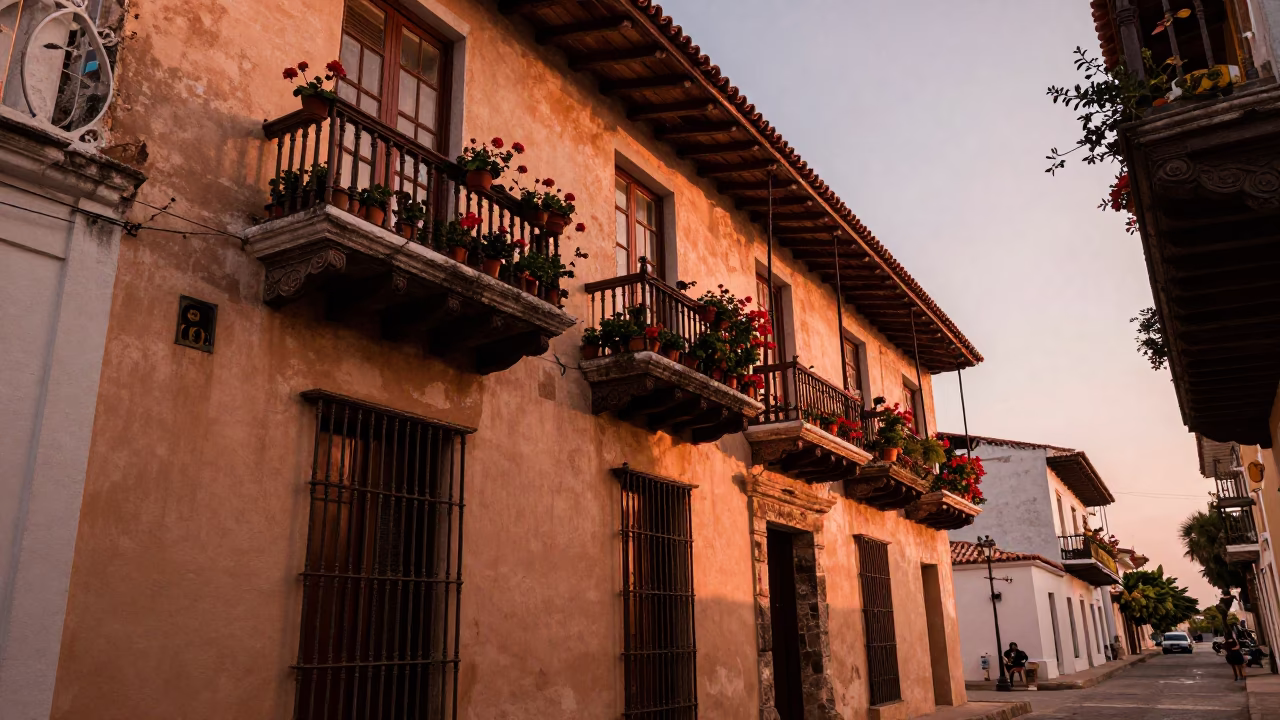 Copper Dusk Light Illuminating Colonial Balconies and Street Life in Cartagena Colombia in in Cartagena, Colombia