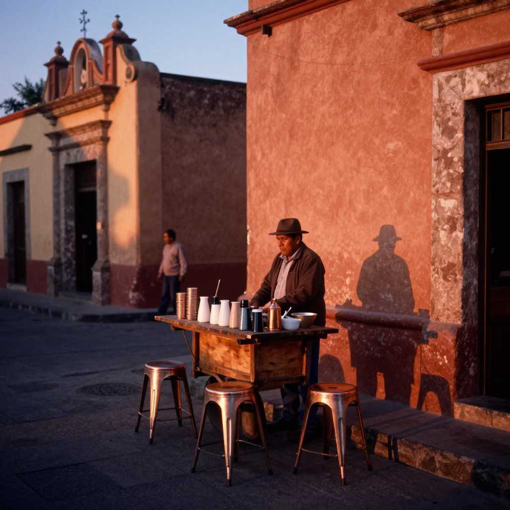 Copper Dusk Light Illuminating Oaxaca Street Vendor Metal Stools and Rusty Chair Rungs in in Oaxaca, Mexico