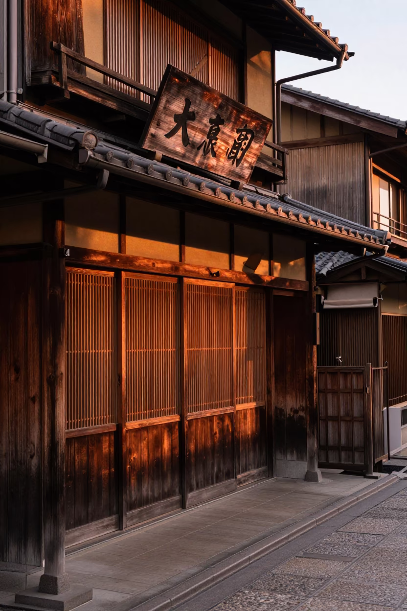 Copper Dusk Light Illuminating Traditional Kyoto Street Scene with Wooden Shopfronts and Local Pedestrians in in Kyoto, Japan
