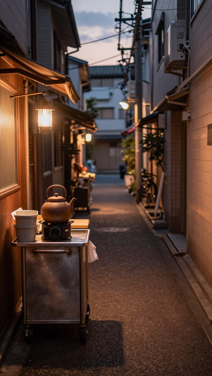 Copper Dusk Light in Tokyo Alleyway with Rolling Carts and Clay Teapot in in Tokyo, Japan