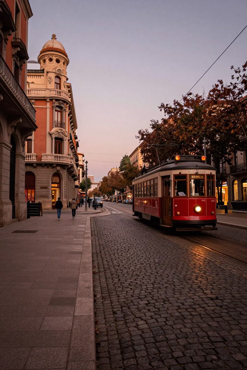 Copper Dusk Light on Barcelona Cobblestones with Heritage Tram and Art Deco Facade in in Barcelona, Spain