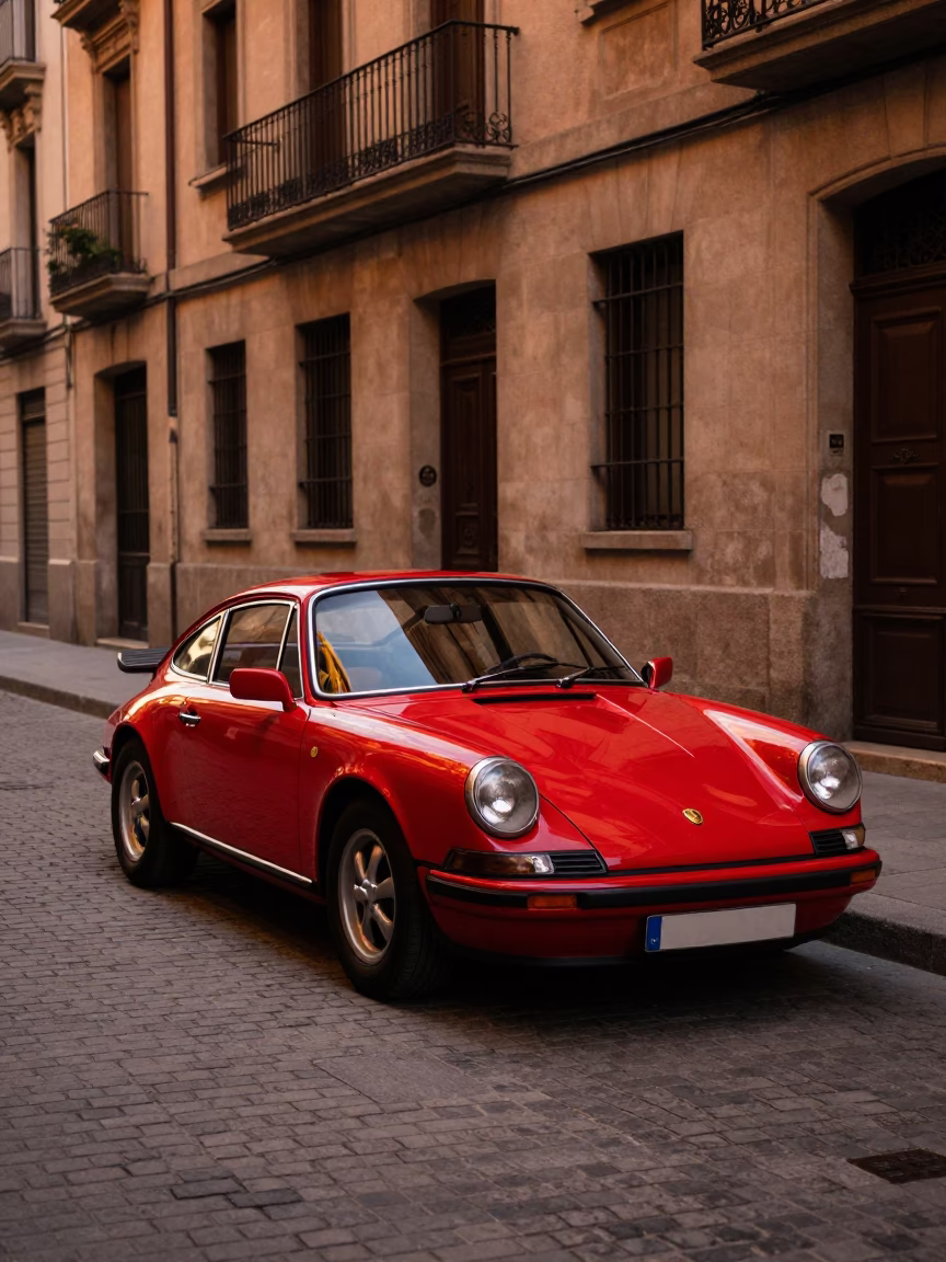 Copper Dusk Light on Barcelona Street with Vintage Red Car and Amulet in in Barcelona, Spain