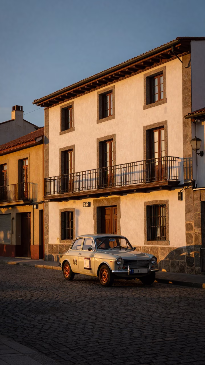 Copper Dusk Light on Bilbao Streets with Vintage Car Rally and Brooms in in Bilbao, Spain
