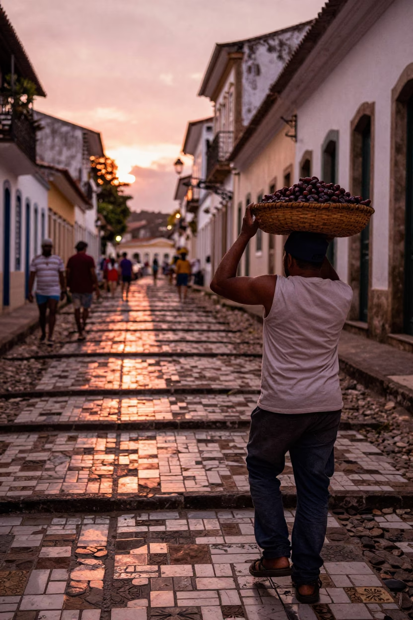 Copper Dusk Light on Colonial Azulejo Tiles in Salvador Brazil Street Scene in in Salvador, Brazil