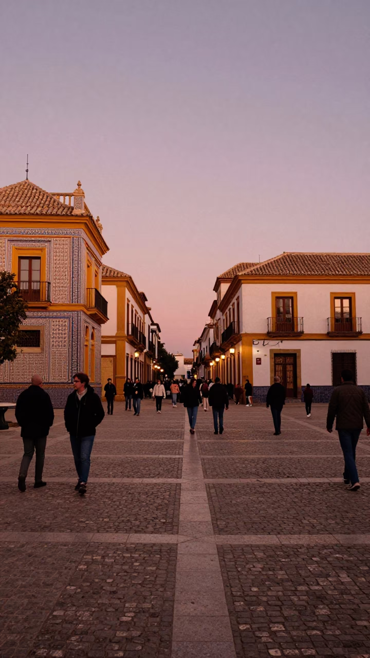 Copper Dusk Light on Granada Spain Plaza Street Scene with Sundial and Wicker Basket in in Granada, Spain