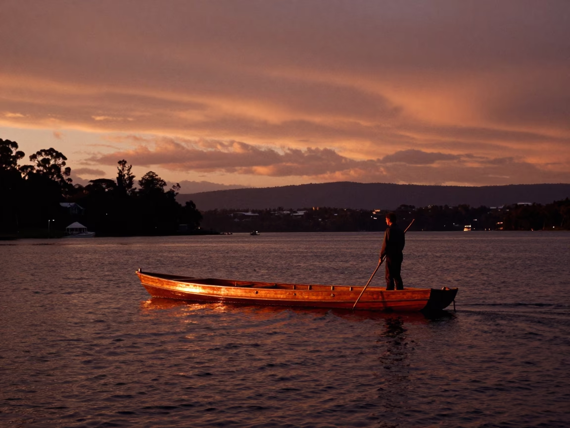 Copper Dusk Light on Hobart's River Derwent Punt Poling Past University Gardens in in Hobart, Tasmania, Australia