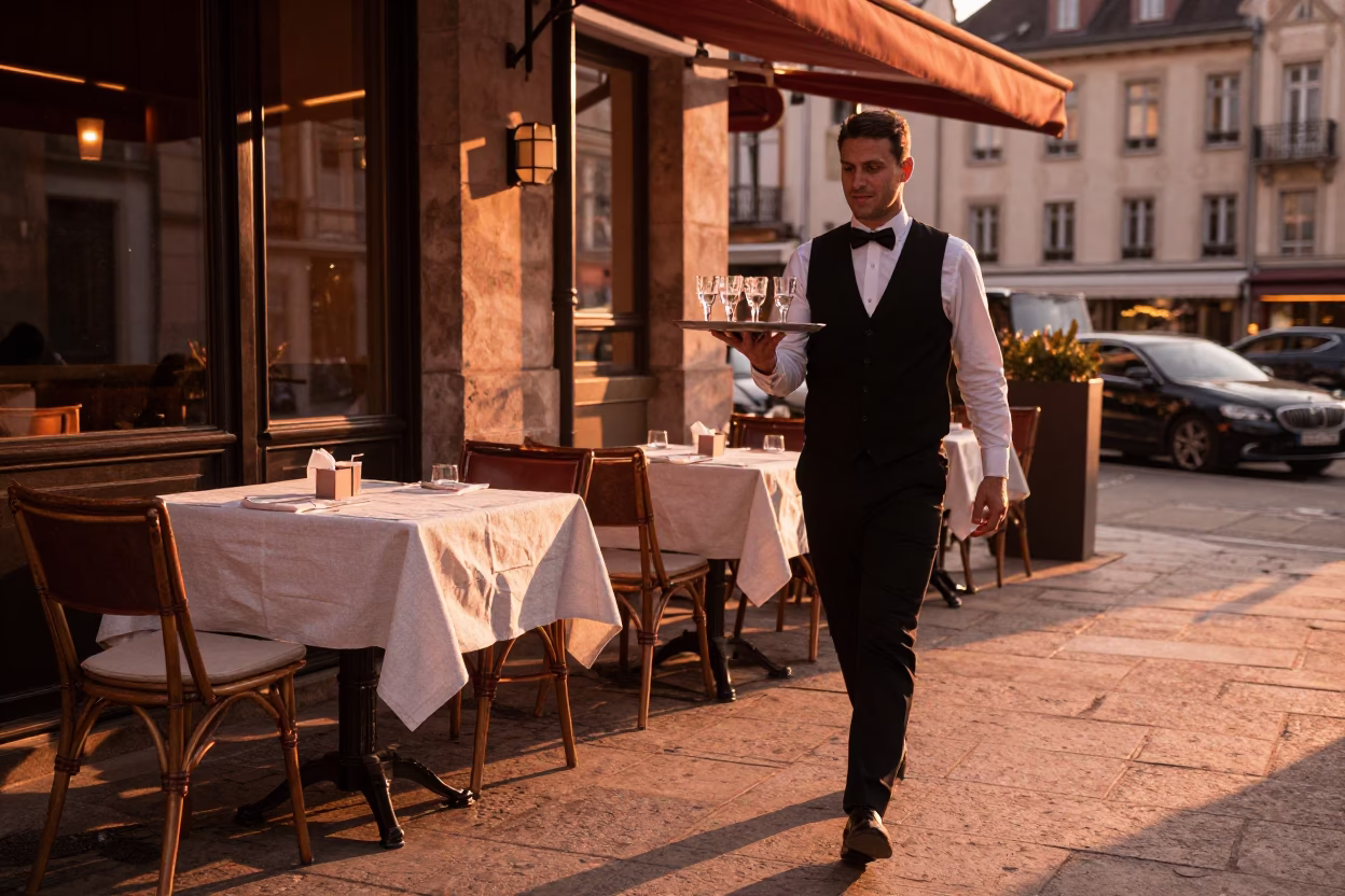 Copper Dusk Light on Lyon Terrace with Wrinkled Linen and Steam Haze in in Lyon, France