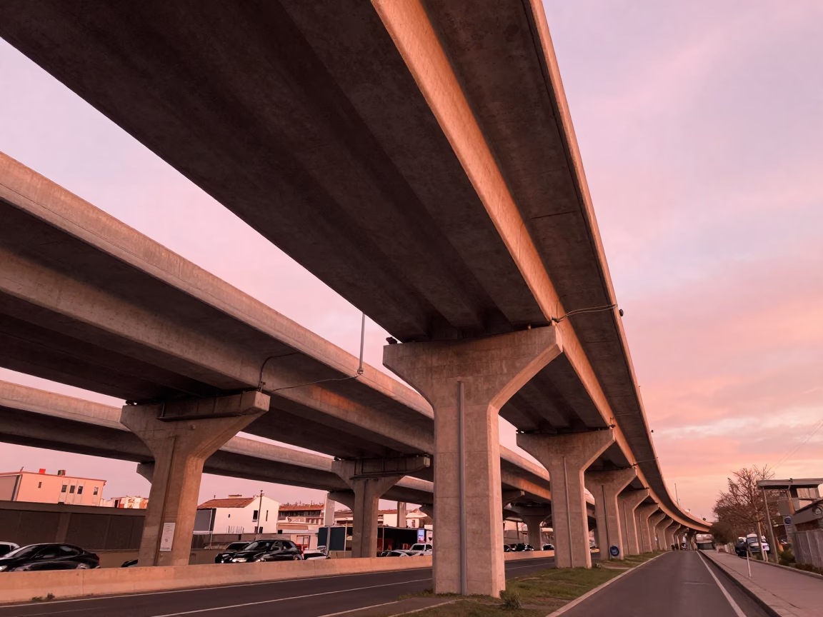 Copper Dusk Light on Marseille Highway Flyover Stack Against Pink Sky in in Marseille, France