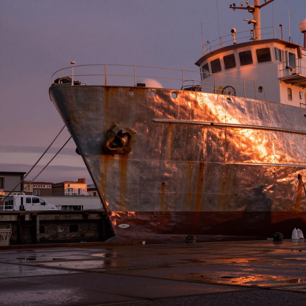 Copper Dusk Light on Marseille Old Port Dry Dock Ship Hull and Basin Condensation in in Marseille, France