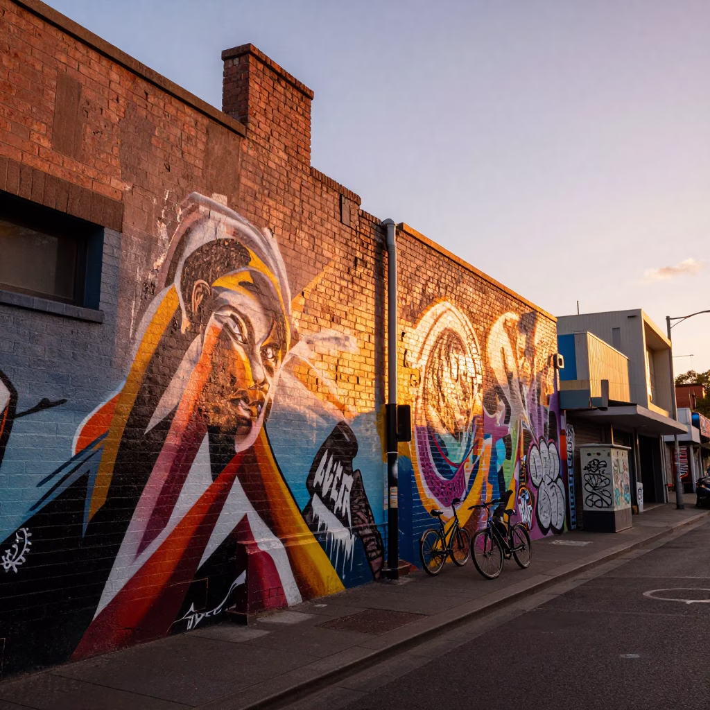 Copper Dusk Light on Melbourne Lane Way Street Art and Urban Details in in Melbourne, Victoria, Australia