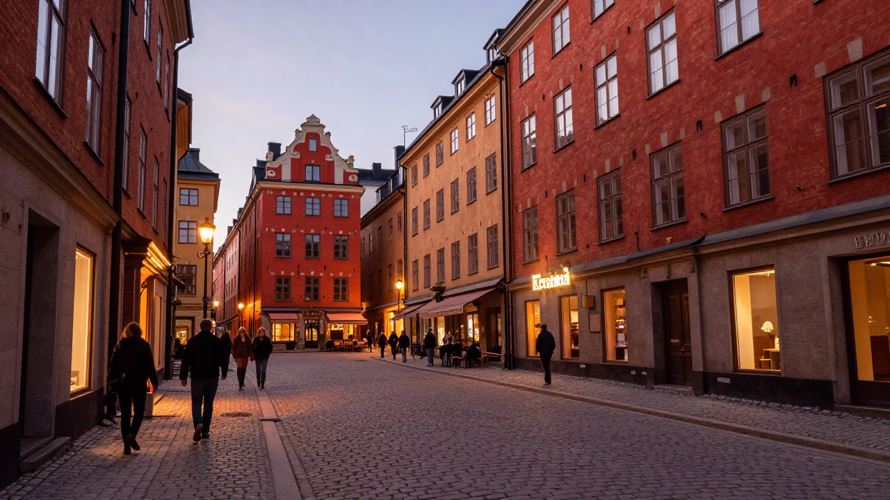 Copper Dusk Light on Stockholm Cobblestone Street with Crayon Box and Condensation in in Stockholm, Sweden