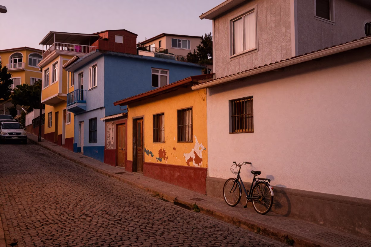 Copper Dusk Light on Valparaiso Hillside Street with Bicycle and Terracotta Pot in in Valparaiso, Chile