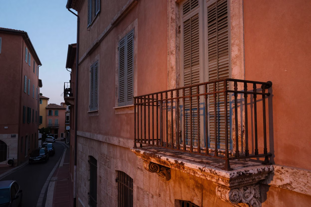 Copper Dusk Light on Vieux Nice Balcony with Commuter Train Bridge Crossing in in Nice, France