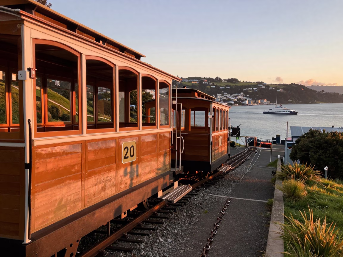 Copper Dusk Light on Wellington Cable Car and Chain Ferry Crossing Harbour in in Wellington, New Zealand