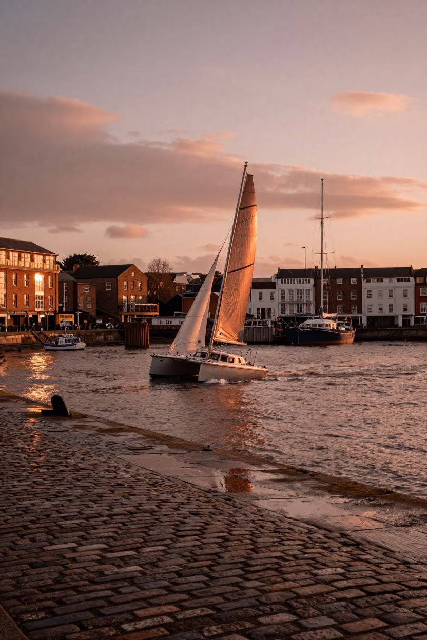 Copper Dusk Light Over Bristol Harbourside with Vintage Catamaran and Water Bottle in in Bristol, United Kingdom