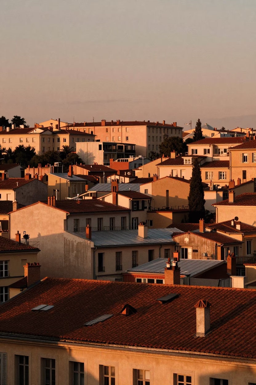 Copper Dusk Light Over Lyon France Rooftops and Historic Architecture in in Lyon, France
