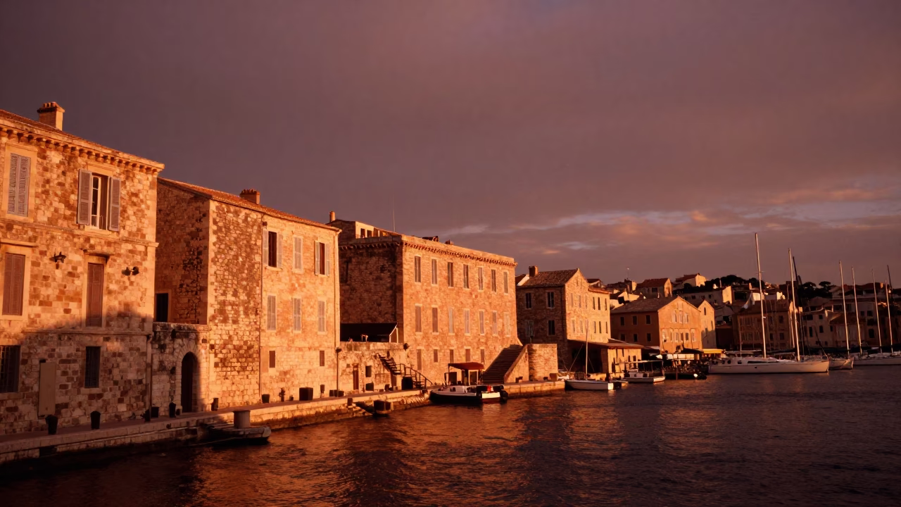 Copper Dusk Light Over Marseille Vieux Port With Traditional Architecture And Coastal Activity in in Marseille, France