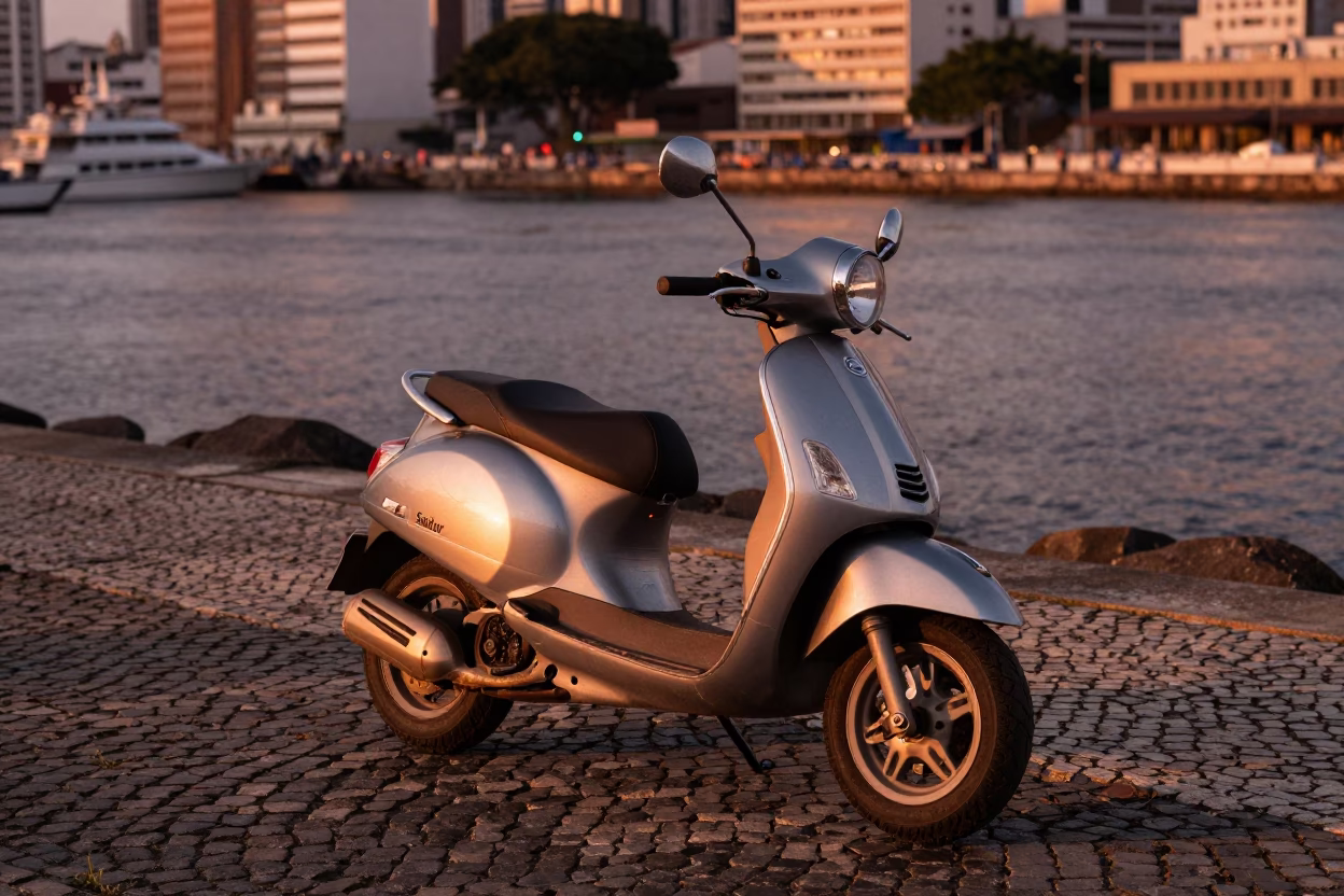 Copper Dusk Light Over Salvador Brazil Harbor Promenade Scooter in in Salvador, Brazil