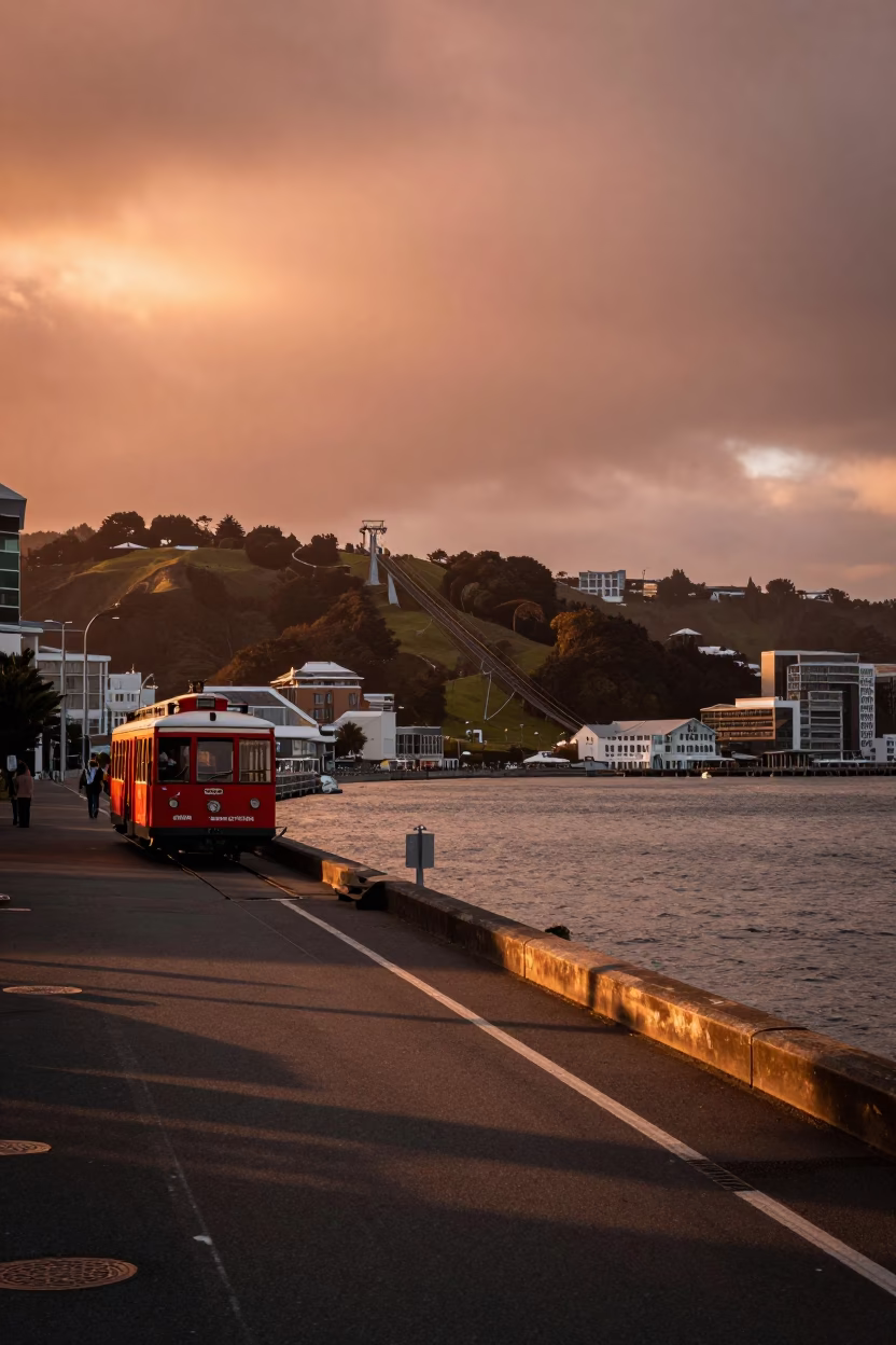 Copper Dusk Light Over Wellington Waterfront and Cable Car Track in in Wellington, New Zealand