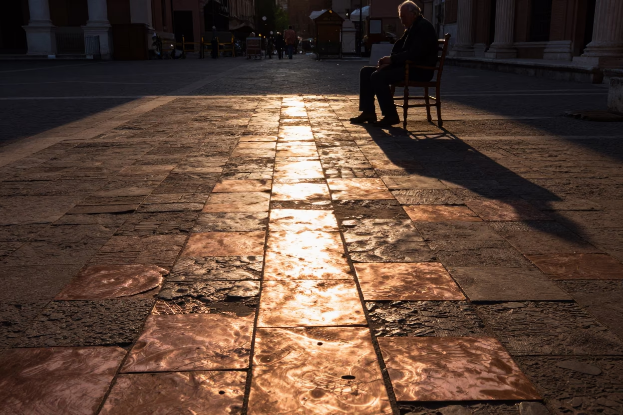 Copper Dusk Light Striking Ancient Roman Floor Tiles Near Historic Piazza in in Rome, Italy