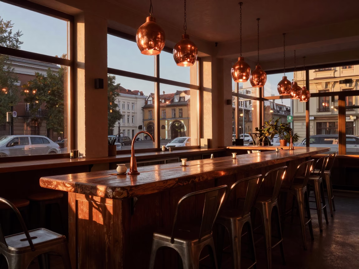 Copper Dusk Lighting Hungarian Cafe Interior with Bar Stools and Patina in in Budapest, Hungary
