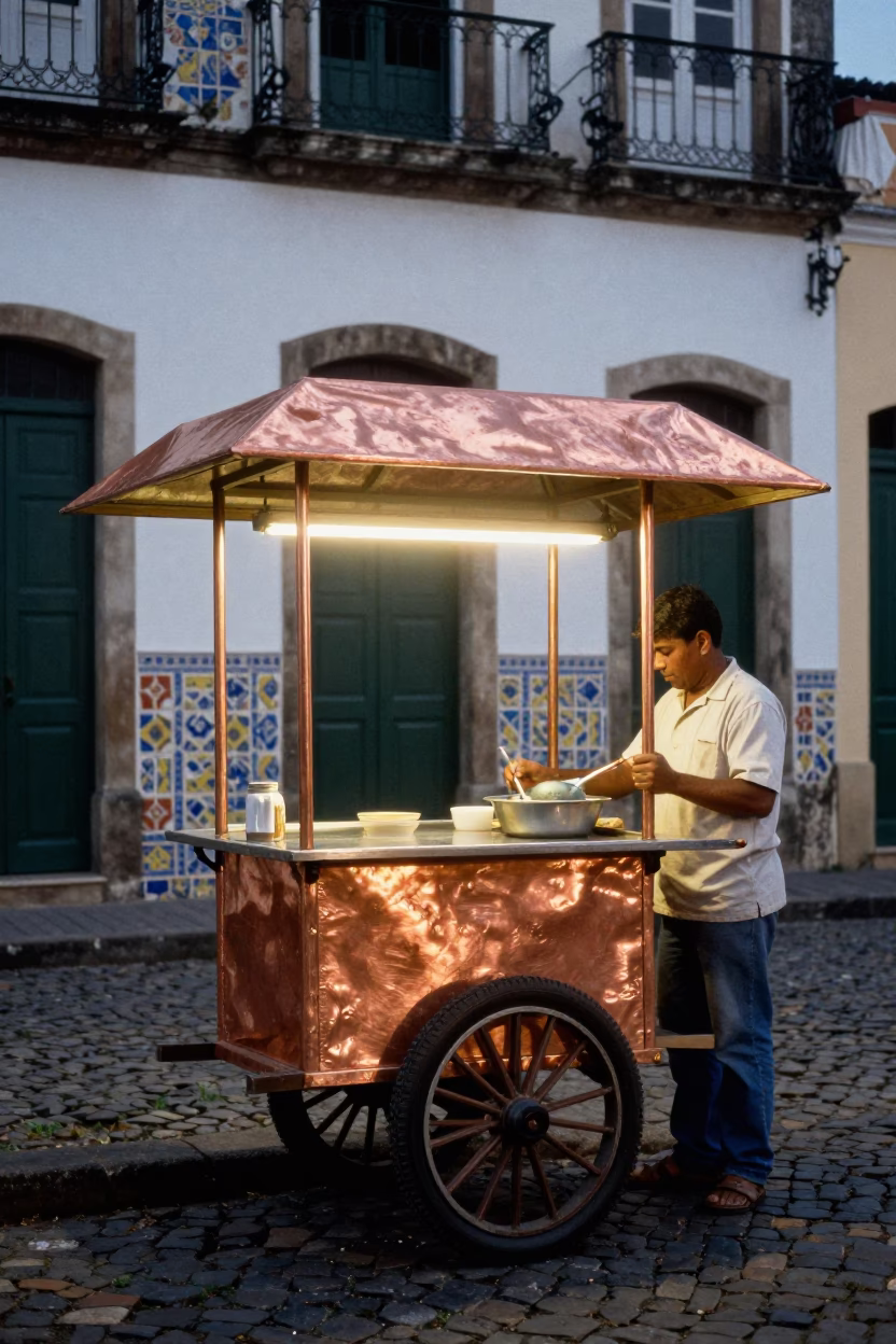 Copper Dusk Lighting Traditional Salvador Street Food Vendor Tray with Loukoumades Honey in in Salvador, Brazil